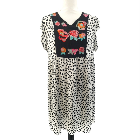 Kirundo Floral Embroidered Shift Dress Size Large Black White Pink Fully Lined - Picture 1 of 8